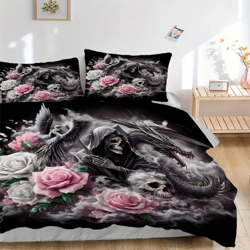 3pcs Death Roses Quilt Cover Set (1 Quilt Cover + 2 Pillowcases Without Pillow Core), High-Definition Printing for Home and Dormitory.W031