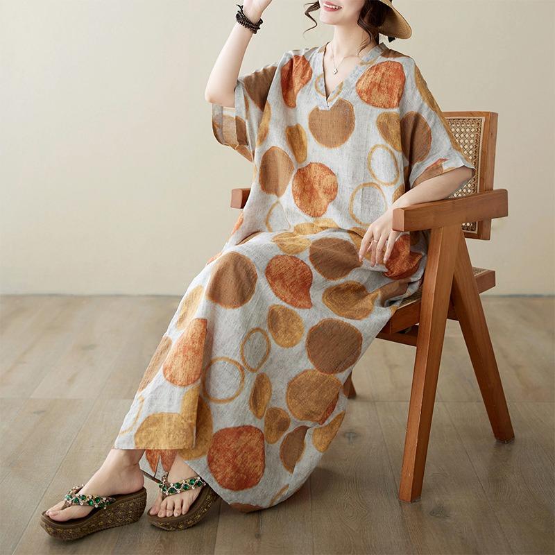 Real shot summer V-neck cotton and linen large size loose literary holiday wind beach skirt retro long robe woman