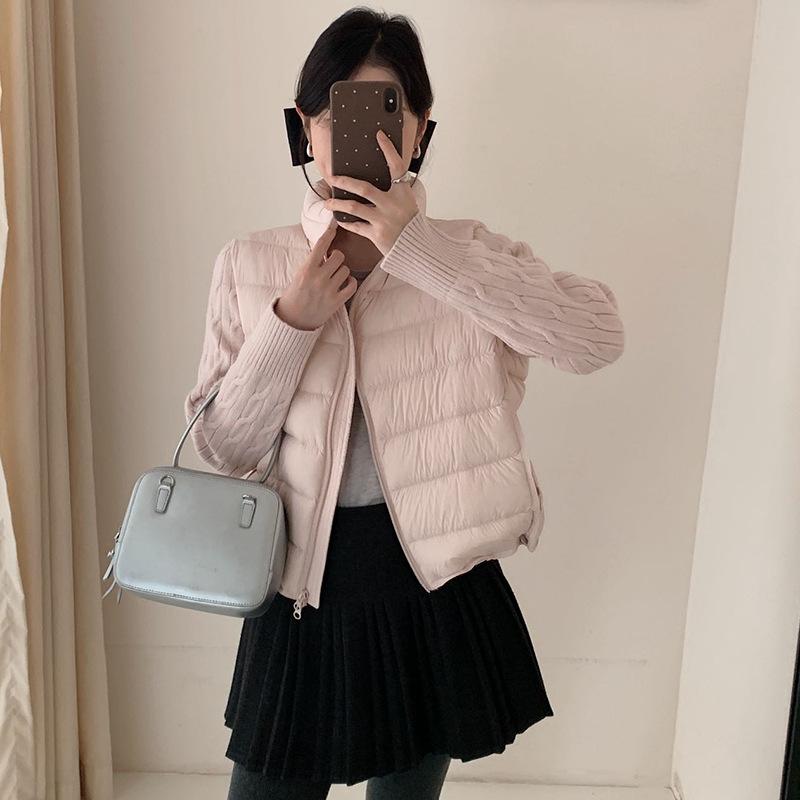 White duck down knitted sleeves splicing down jacket women's short winter fashion warm casual ribs top tide