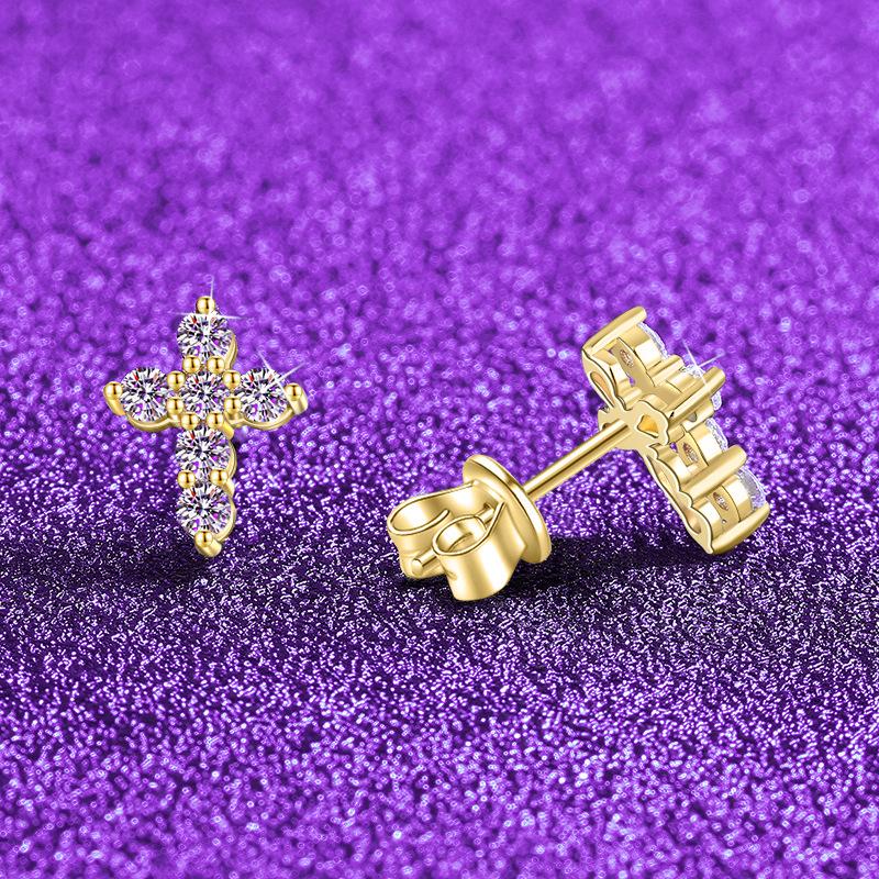 Unisex Moissanite Inlay 925 Sterling Silver Cross Stud Earrings - Street Style & Personality