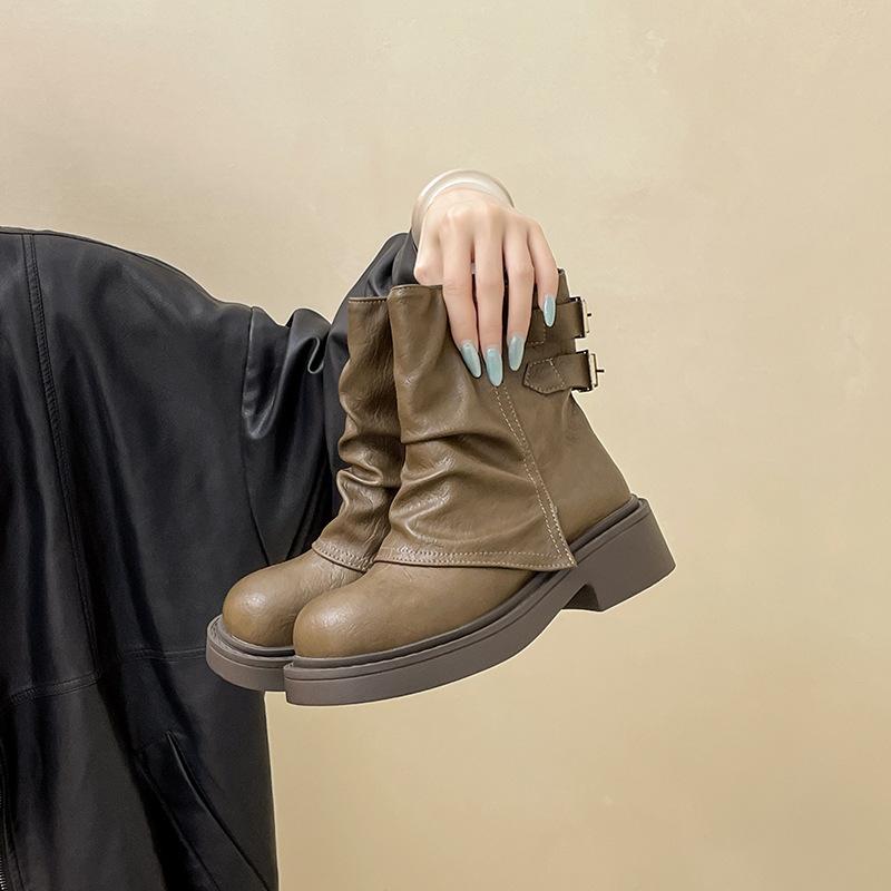 

British retro design pleated leather boots slim short boots autumn and winter muffin thick-soled trousers women s knight boots 40 коричневый