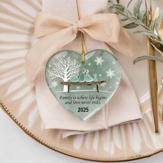 Yousheng Heart-Shaped Sea Glass Family Ornament Handmade Sea Glass Art Heart Ornament for Christmas Tree Home Decor