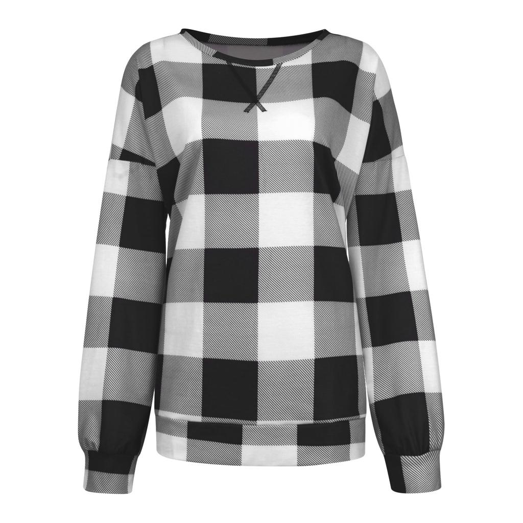 Modisches, kariertes, bedrucktes T-Shirt mit Schlitz am Saum und langen Ärmeln für Damen