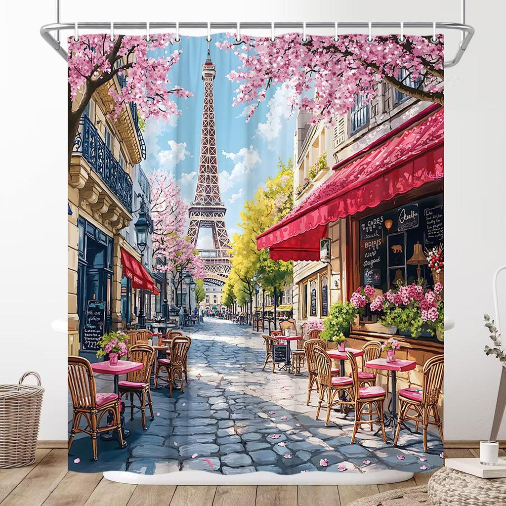 Tenda da doccia Torre Eiffel Parigi Francia Pittura a olio Paesaggio di strada di città europea Scenari Moderni Romantici Vintage Floreale Rosa