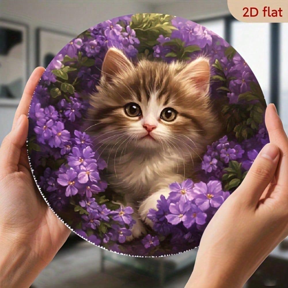 1pc Round Aluminum Metal Wall Sign Retro Kitten Purple Floral Waterproof Pet Lover Decor