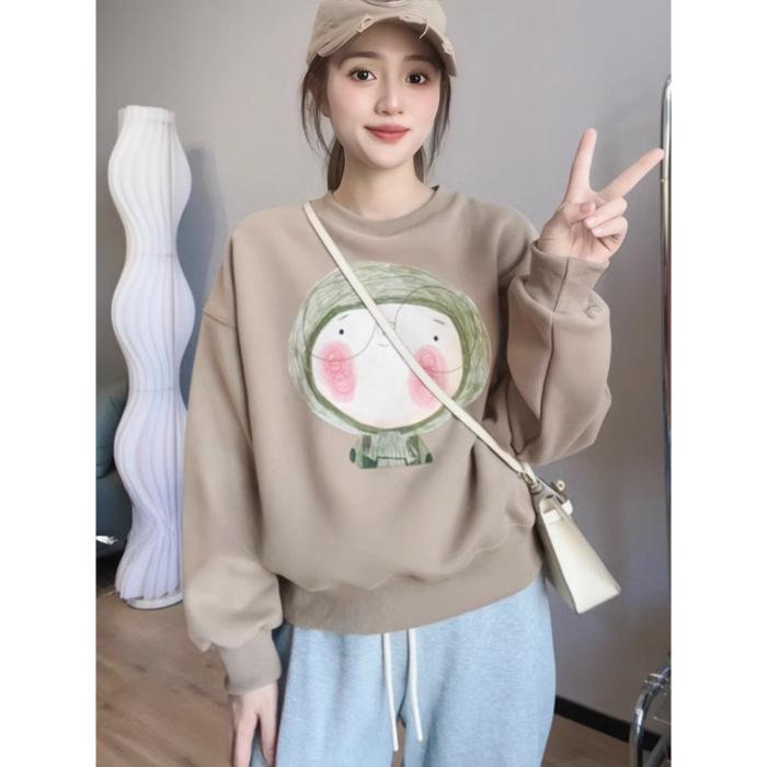

2025 autumn and winter retro mocha princess print crew neck sweater lazy style loose versatile pullover 3XL хакі