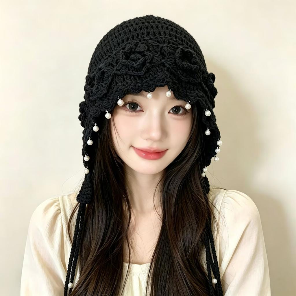 Pearl tassel three-dimensional flower knitted wool hat women's spring and summer hand-woven ethnic style pullover hat Baotou hat