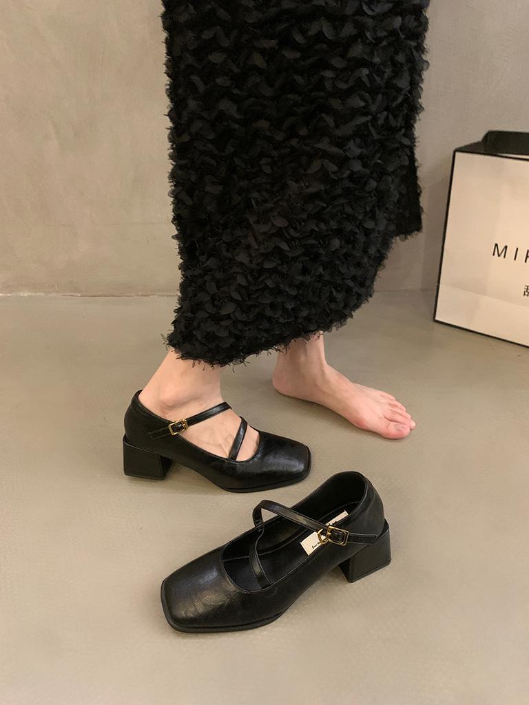 Thick Heel Square Head Mary Jane Small Leather Shoes Women's British Spring and Autumn Shoes Light Mouth Single Shoes Women's Temperament French Retr