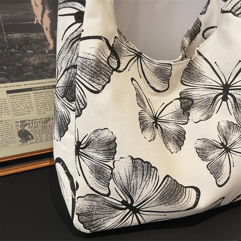 Canvas Tote Bag with Butterfly Print and Long Shoulder Strap for Women Daily Use