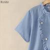 ZANZEA Women Casual Round Neck Plaid Print Loose Short Sleeve Blouse