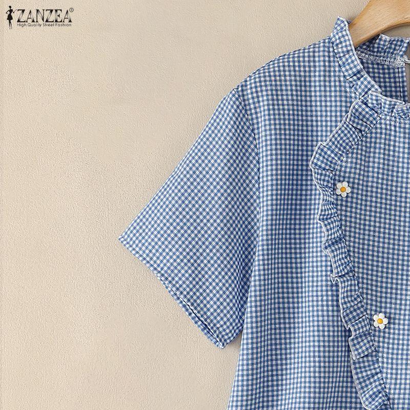 ZANZEA Women Casual Round Neck Plaid Print Loose Short Sleeve Blouse