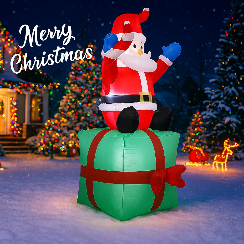 5.91FT Inflatable Mold Santa Gift Box Toy Xmas Yard Lawn Party Decoration Festive Gift LED Lit Christmas Supplies Home Ornament