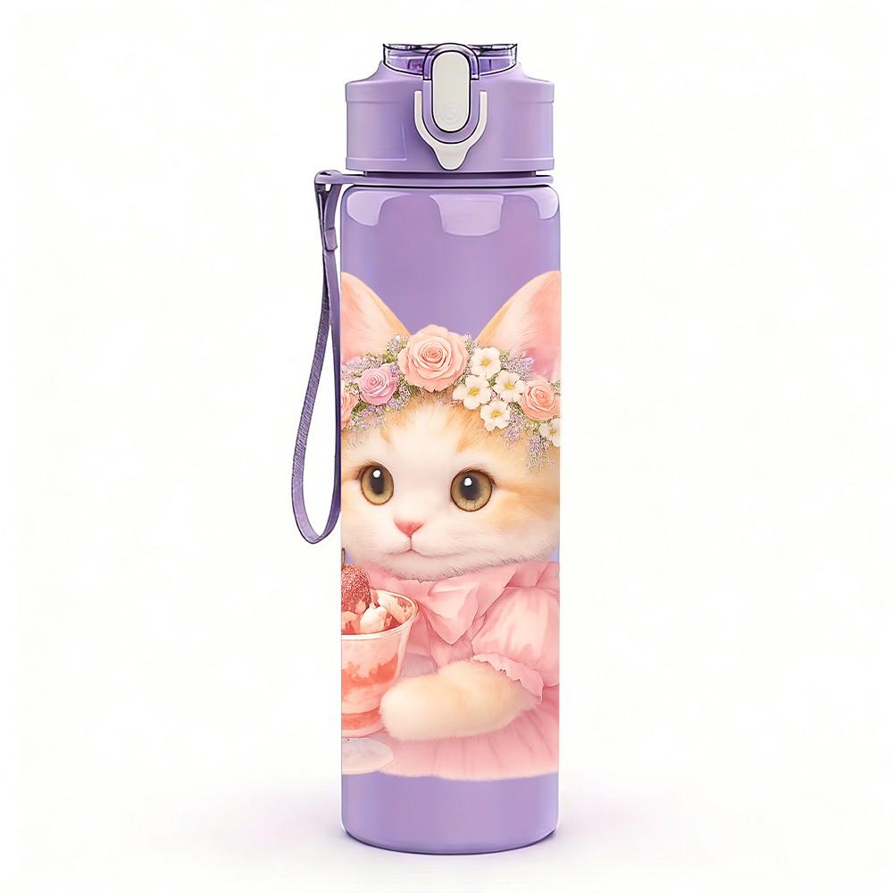 1PC Kitten Wear Pink Bow Cute Cartoon Print 750ml Color Plastic Sports Water Bottle Leakproof Flip Straw Lid Suitable for Sports Office Home Use