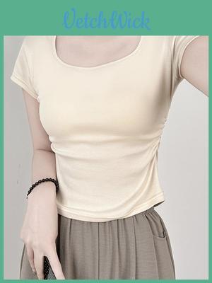 Cotton Short Sleeve T Shirt For Women With Pleated Design For Spring Summer Casual Wear