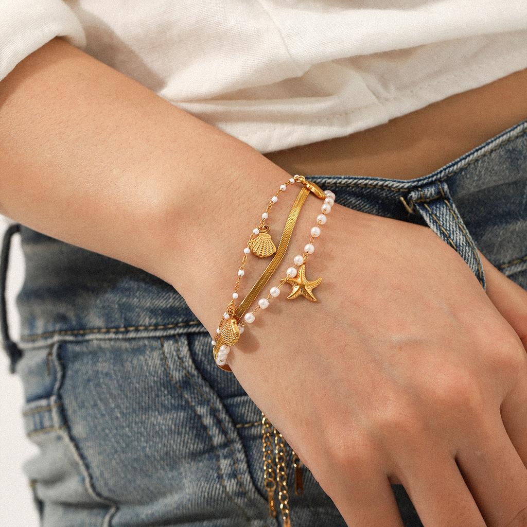 Ozean Elemente Edelstahl Armband Set Schmuck Muschel Seestern Anhänger Perlenkette Schlangen Kette Dreiteiliges Set