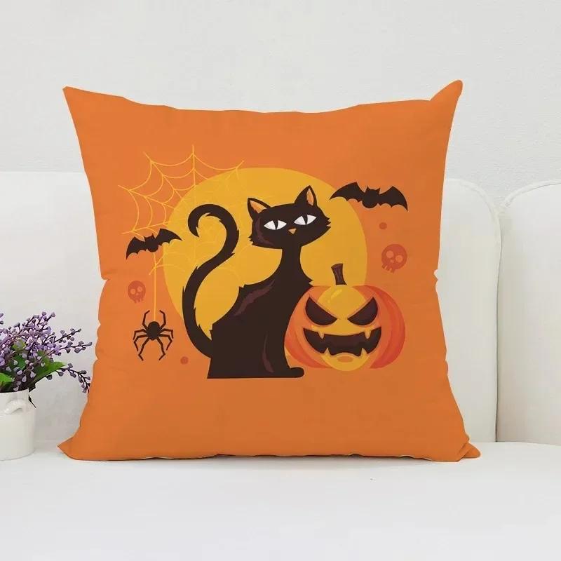 Housse de coussin décorative d'Halloween Chat Citrouille Adaptée pour Maison Salon Canapé Chambre Chambre Housse d'oreiller décorative