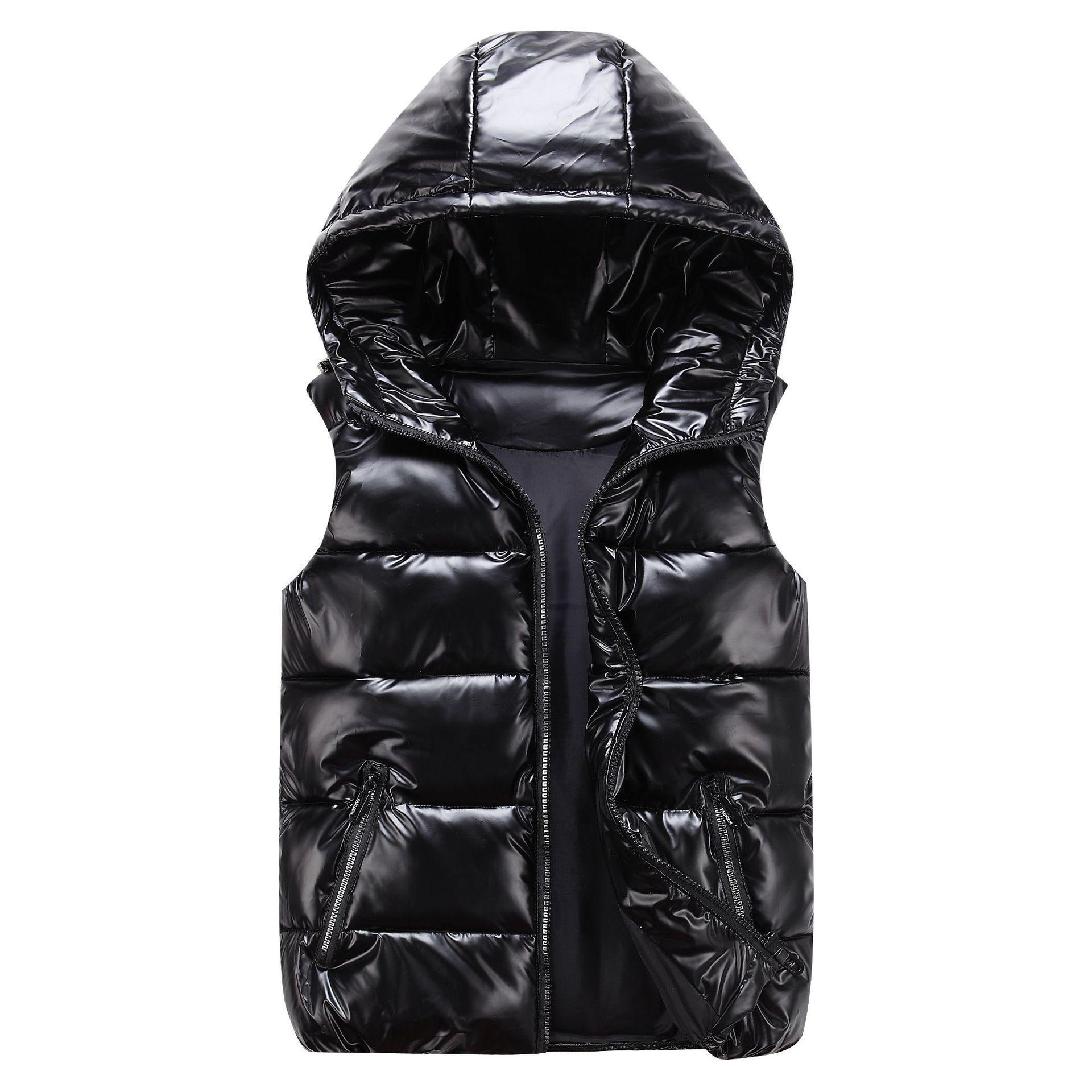 

Men s Winter No-Wash Glossy Hooded Vest Solid Color Oversized Sleeveless Jacket XS