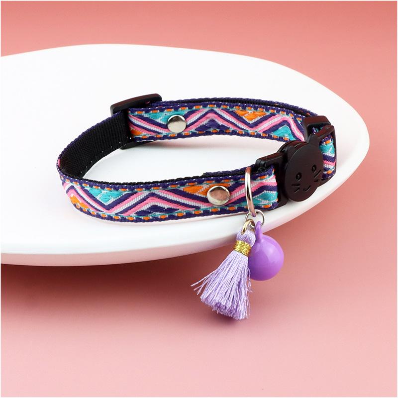 Adjustable Cat Collar With Tassels And Bells Embellished Pet Collar Colorful Plaid Jacquard Pattern For Cat And Dog Collars Decor