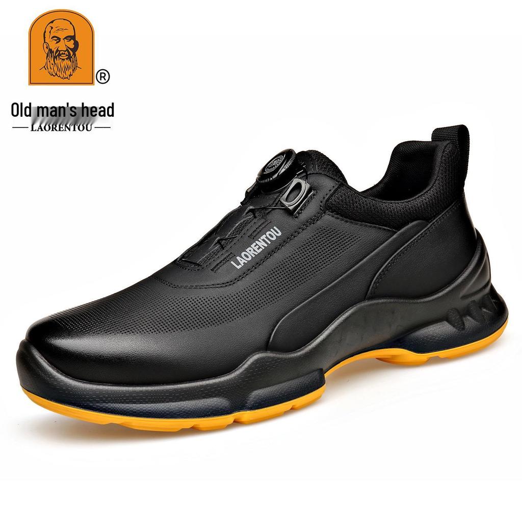 Laorentou Men's Genuine Leather Slip-On Running Shoes with Breathable Mesh and Rotating Buckle.