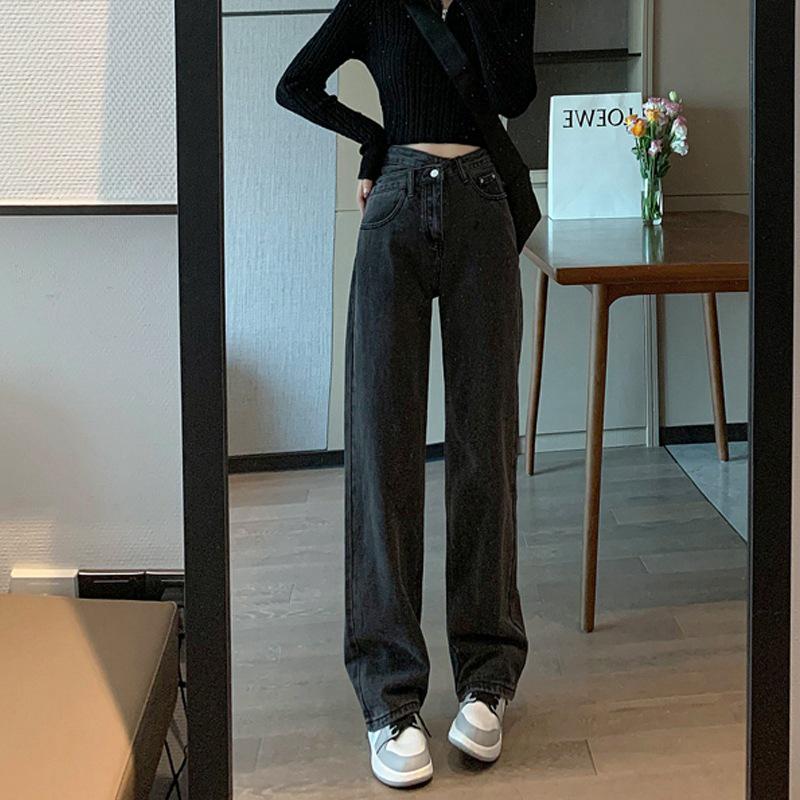 

Women s High-Waist Cross-Waist Jeans - Blue-Gray, Loose Wide-Leg, Irregular Oblique Buckle, Autumn/Winter Style L
