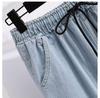Summer Korean Style Plus Size Wide-Leg Women's Jeans - High-Waisted, Elastic Waist, Cuffed Loose Fit