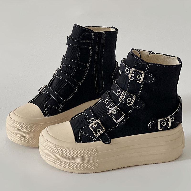 Women Platform Canvas Shoes Classic Casual Outdoor Versatile Sneakers Buckle Design High Top Boots Fashion Zipper Shoes Female