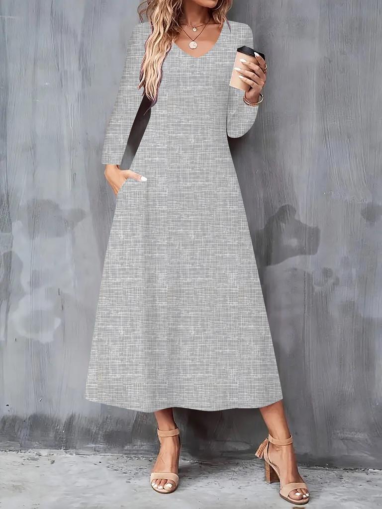 2025 Autumn and Winter New Women Casual Fashion Dress 3D Geometric Pattern Print Long Sleeve V-Neck A-Line Dresses