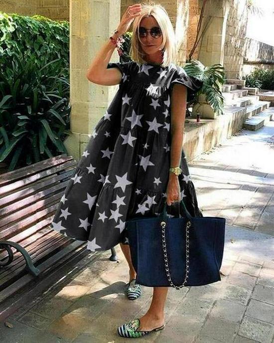 Leaf Print Summer Casual Dress with Flying Sleeves and Round Neck