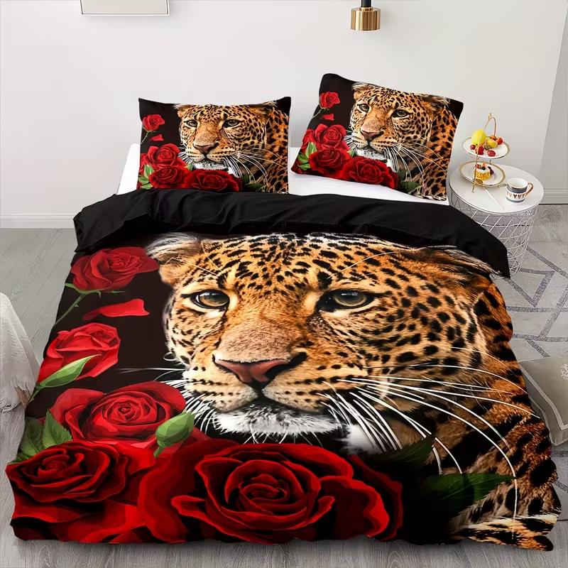 

3Pcs Duvet Cover Set Rose Leopard Bedding Set Leopard Print Duvet Cover Set For Bedroom Guest Room Teens Kids Best Gifts 135x200cm 3PCS бежевый
