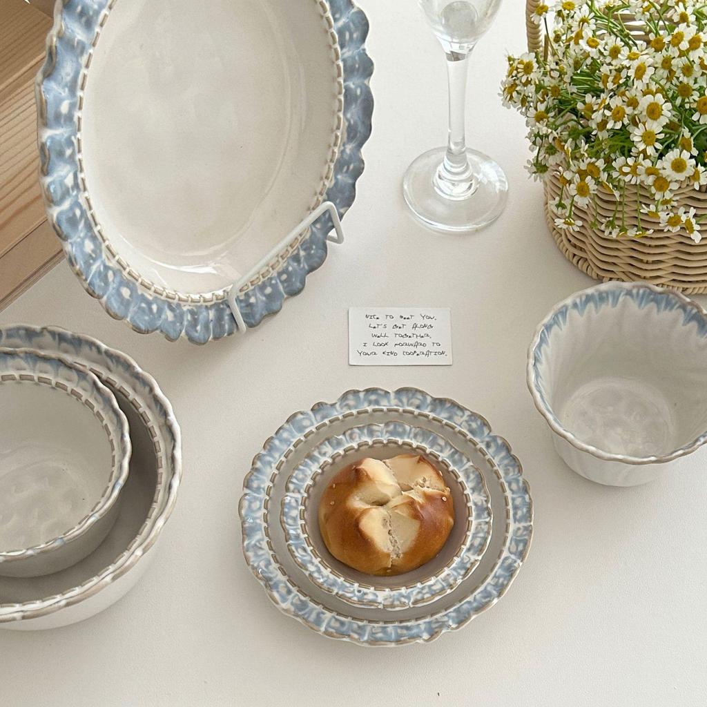 Elegant Ceramic Tableware Set: Underglaze Color Dinner Plates & Yogurt Bowls