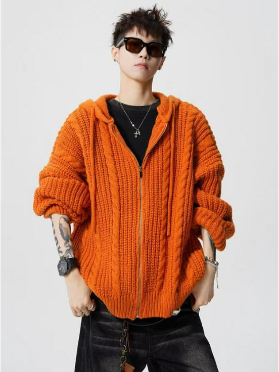 

Unisex Cable Knit Hooded Sweater - Lazy Style for Spring & Autumn M помаранчевий