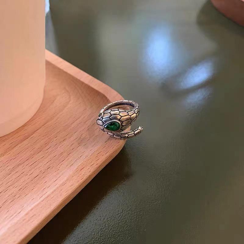 S925 Silver Vintage Green Gemstone Snake Ring - Trendy Hip Hop Index Finger Design