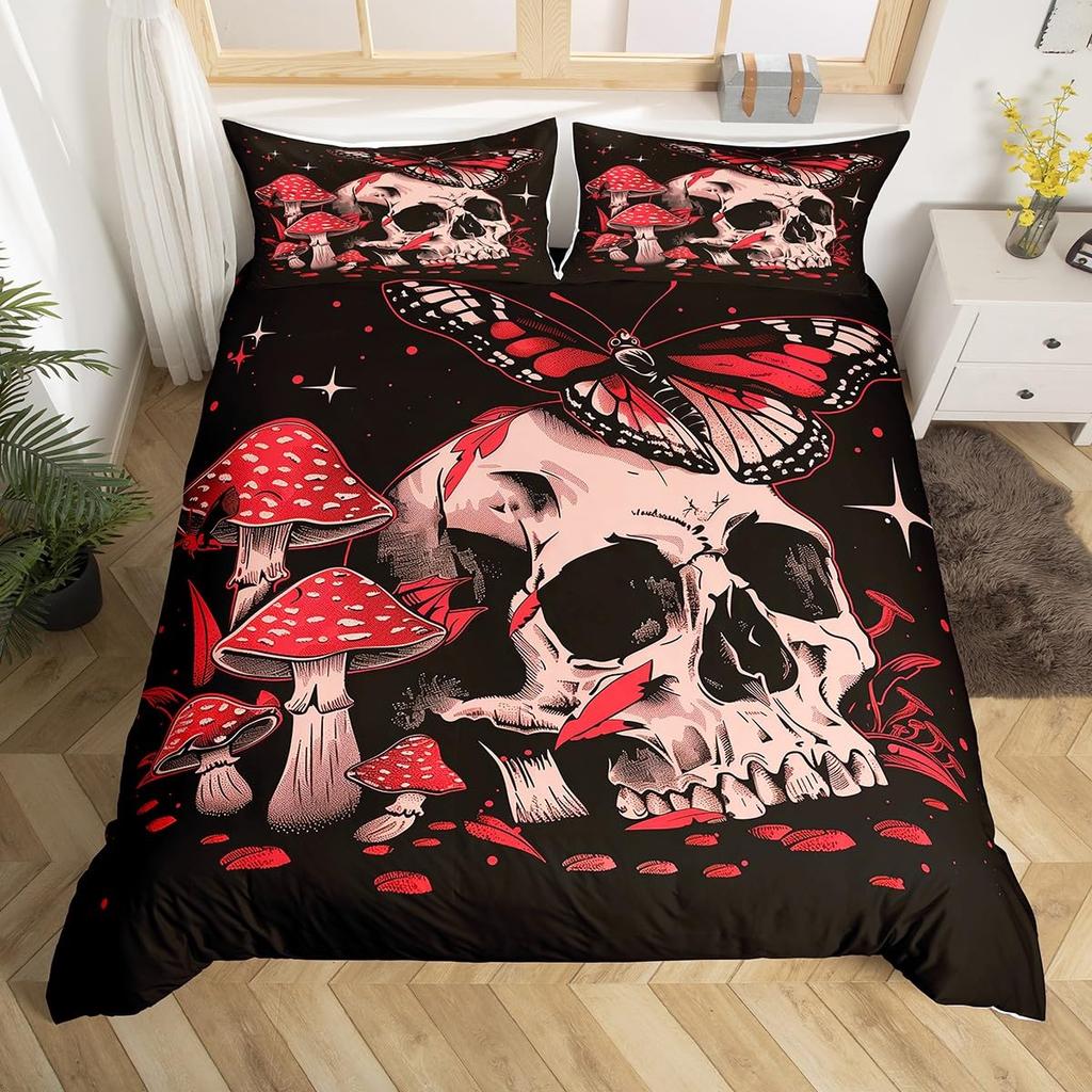 Gothic Skull Bedding Set King Queen Bohemian Skeleton Sun Duvet Cover Trippy Mushroom Comforter Cover Flower Plant Quilt Cover