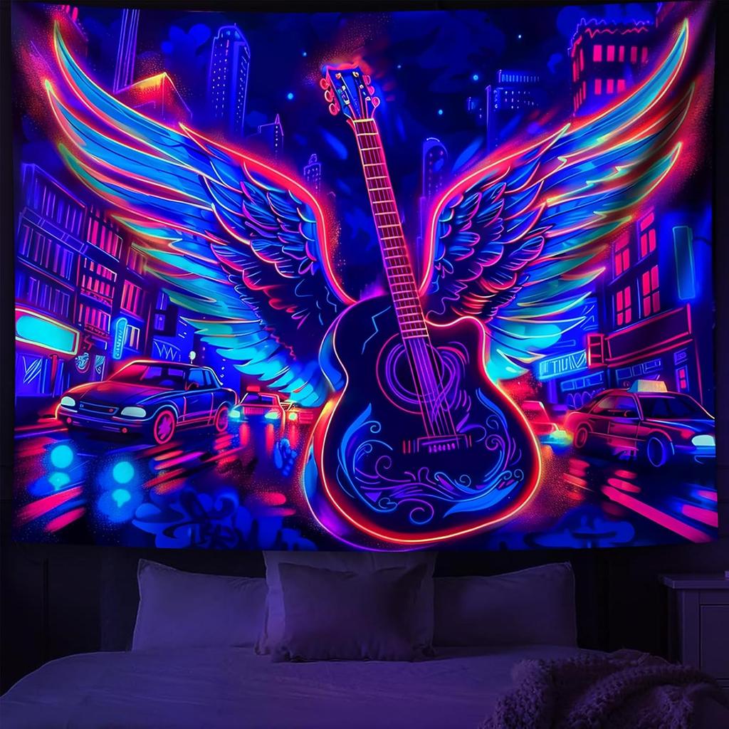 TUGCAY Blacklight Guitar Wing Tapestry UV Reactive Rock Music Tapestry Punk City Car Building Street Wall Hanging Tapestries for Bedroom Dorm Living