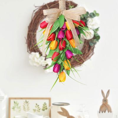Teardrop Swag Artificial Flowers Hanging Ornament with Bowknot Floral Wreath for Fireplace Home