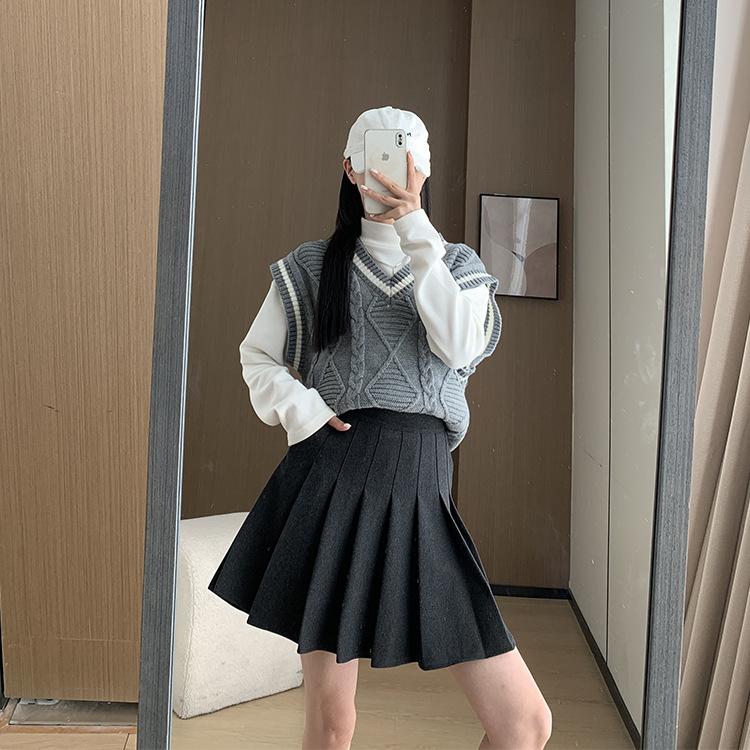 Pocket Woolen Skirt for Women In Autumn and Winter Thickened Korean Version High Waist Slim Large Size College Style A-line Pleated Skirt