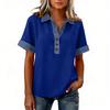 Denim Patchwork Hemden für Damen Stehkragen Lässige Bluse Kurzarm Bequemes T-Shirt Frühling Sommer Mode