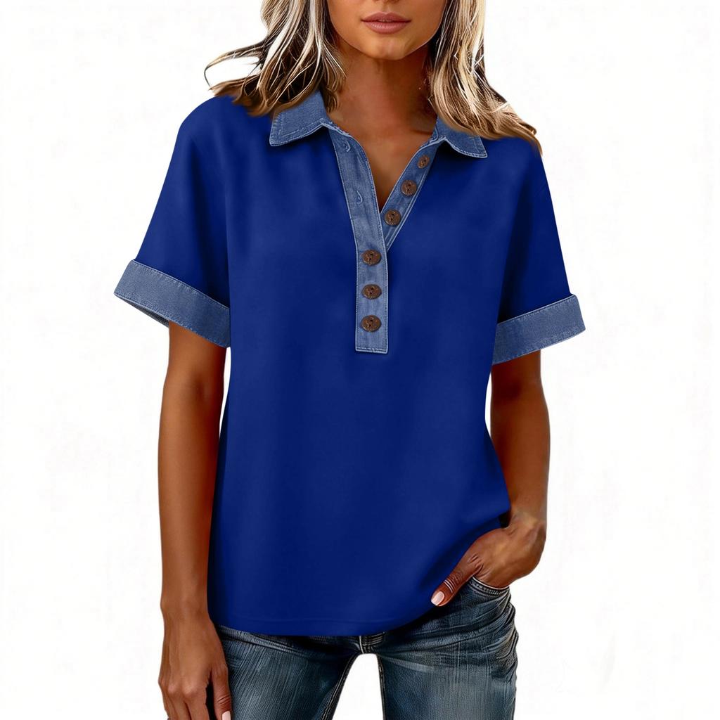 Denim Patchwork Hemden für Damen Stehkragen Lässige Bluse Kurzarm Bequemes T-Shirt Frühling Sommer Mode