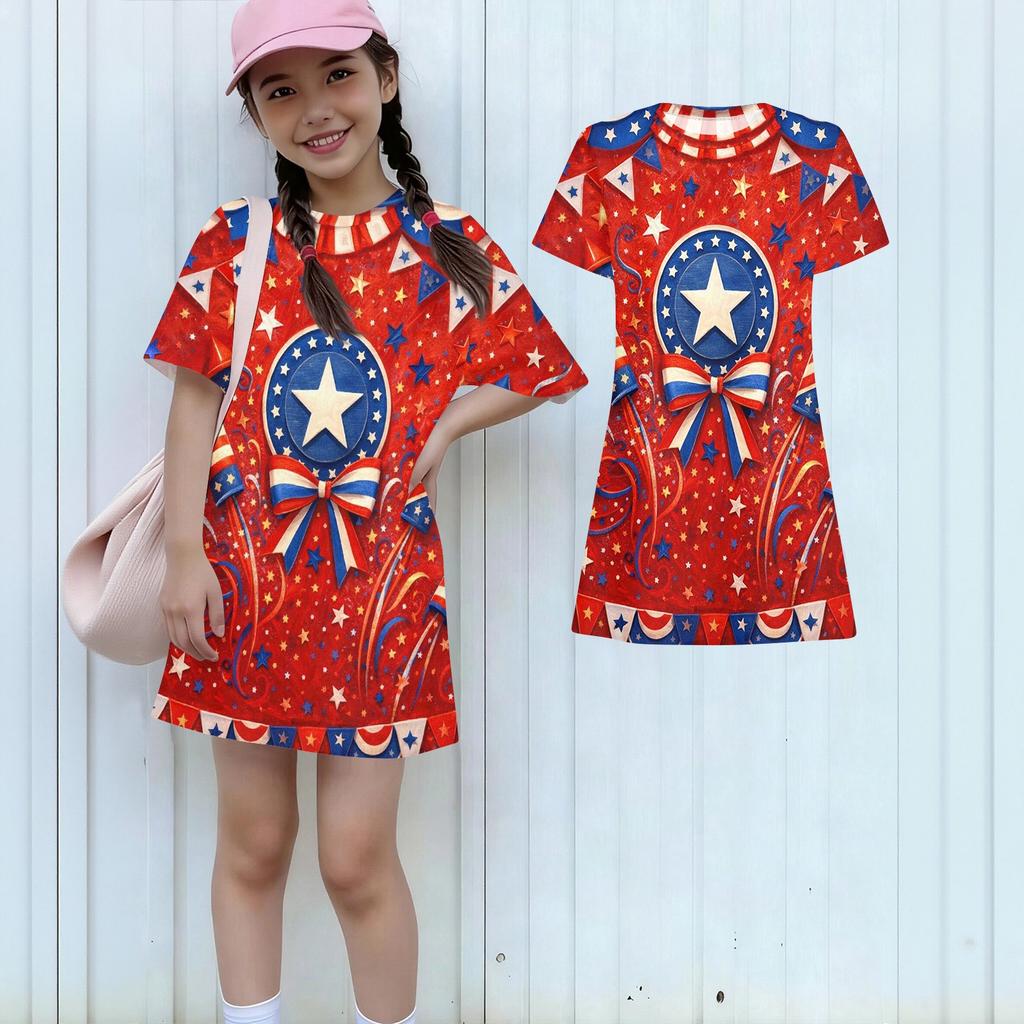 Girls Independence Day Print Casual Dress Kids Loose Round Neck Short Sleeve Thin Sundress