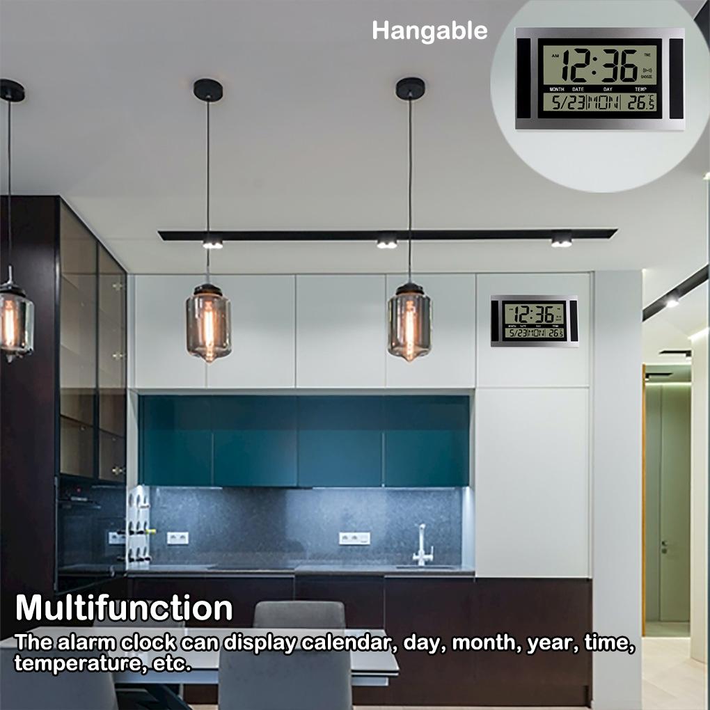 Digital Wall Clock LCD Large Alarm Desk Mute Thermometer Office Dorm