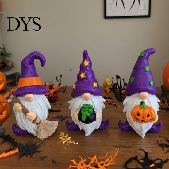 Cute Cartoon Wizard Gnomes Halloween Gnome Resin Figurine, Broom Cauldron Pumpkin Dwarf Home Accents Statue for Desk Shelf, Spooky Holiday Party