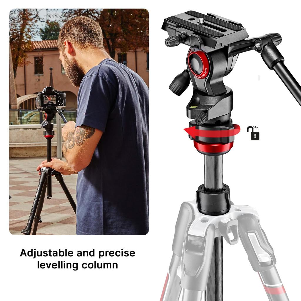 Manfrotto Befree Live Kolfiber Videohuvud Resa Idealisk för Video Fullt Utsträckt Höjd Minimal Höjd Bärväska Ingår T-Stativ Kit, Svart,