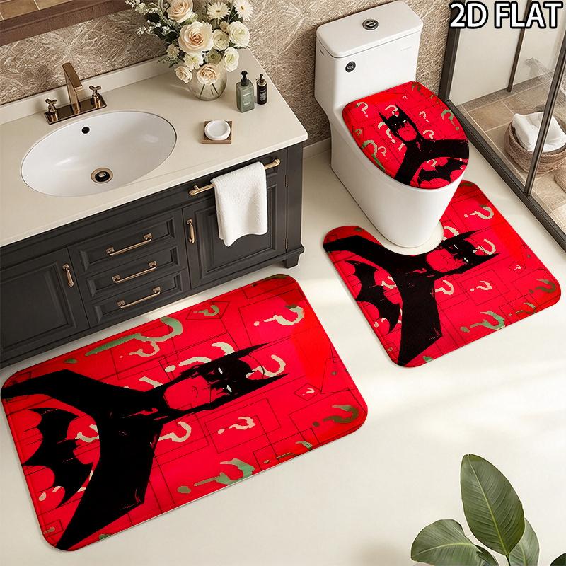3pcs Black and Red Batman Pattern Flannel Nonslip Absorbent Washable Decorative Bathroom Home Toilet Seat Cover Mat