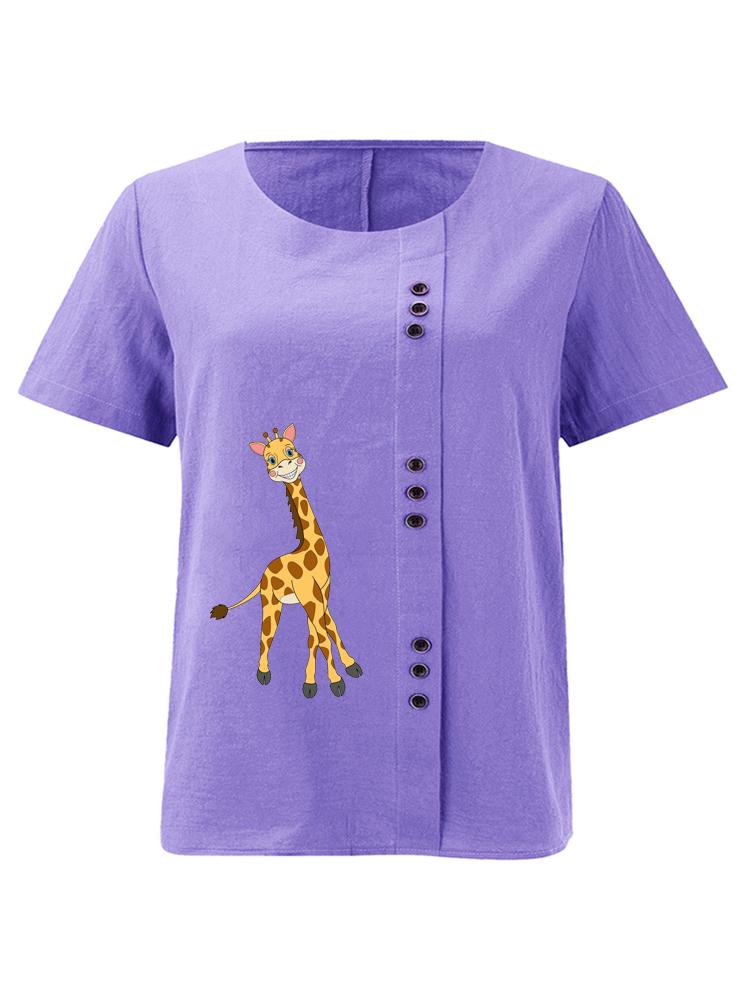 Women's Fashion Giraffe Print Shot Sleeve T-shirt Loose Cotton Shirt Casual Loose Summer Blouse Tops Plus Size