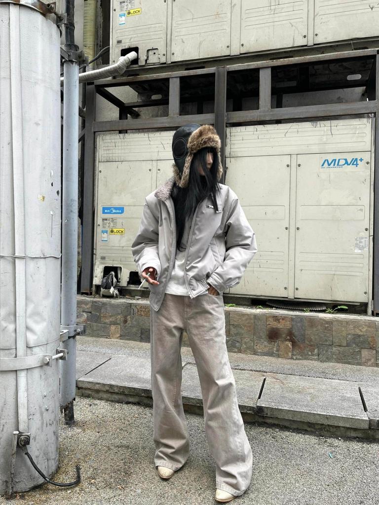 Cement Gray Winter Warm Fur Collar Cotton Harrington Bomber Jacket