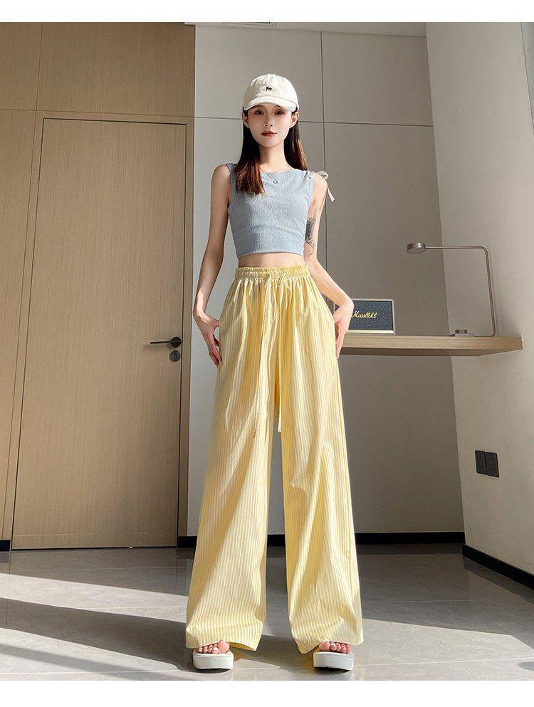 

Cross-Border Vertical Stripe High-Waisted Wide-Leg Pants - Summer Straight Loose Casual Floor-Length Design. L жёлтый