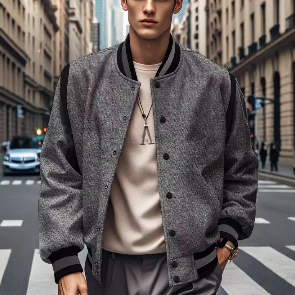 2025 European and American Men's Trendy Autumn and Winter Patchwork Buttoned Baseball Jacket Cardigan Coat
