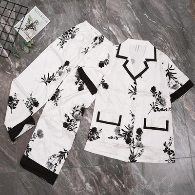 New Ice Silk Short-sleeved Cardigan Suit Pajamas for Women Spring and Summer Outerwear Lapel Printed Home Clothes