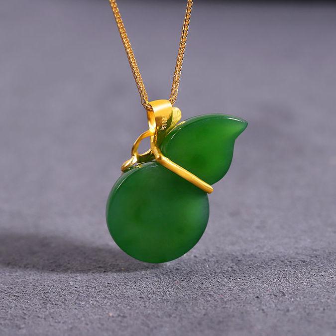 Natural Hetian Jade Jasper Gourd Pendant Necklace Chinese Style Retro Unique Ancient Gold Craft Charm Women'S  Jewelry