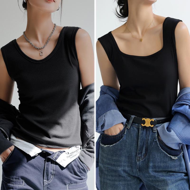 

Двусторонний топ-майка с квадратным вырезом - Женский летний стиль 2025, с широкими плечами, I-образная спинка, верхняя одежда. 2XL (Suggest 130-145 Jin) чёрный